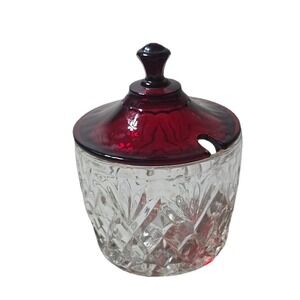 Vintage Anchor Hocking Covered Marmalade Jelly Jar Pineapple Fan Royal Ruby  Lid